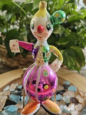 Vintage Christopher Radko Italian Glass Clown Shuffling Aces Ornament